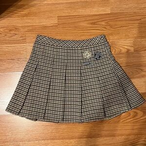 Pull&Bear Navy and Cream Embroidered Plaid Pleated Skirt